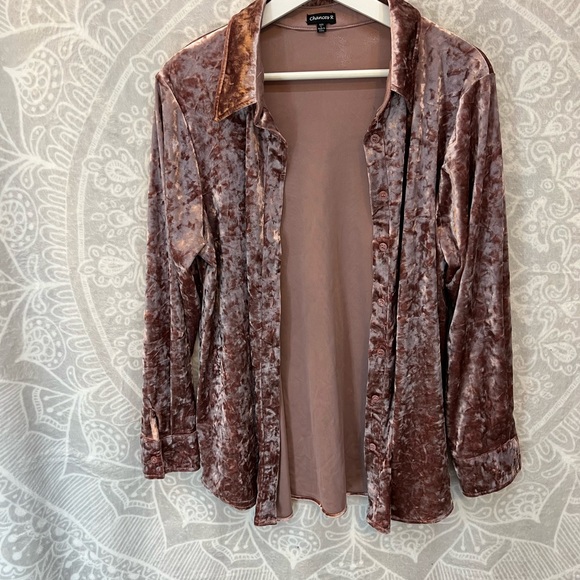 chances r Tops - VINTAGE 90s 2000s MAUVE PINK CRUSHED VELVET SOFT GIRL BUTTON DOWN TOP SHIRT L